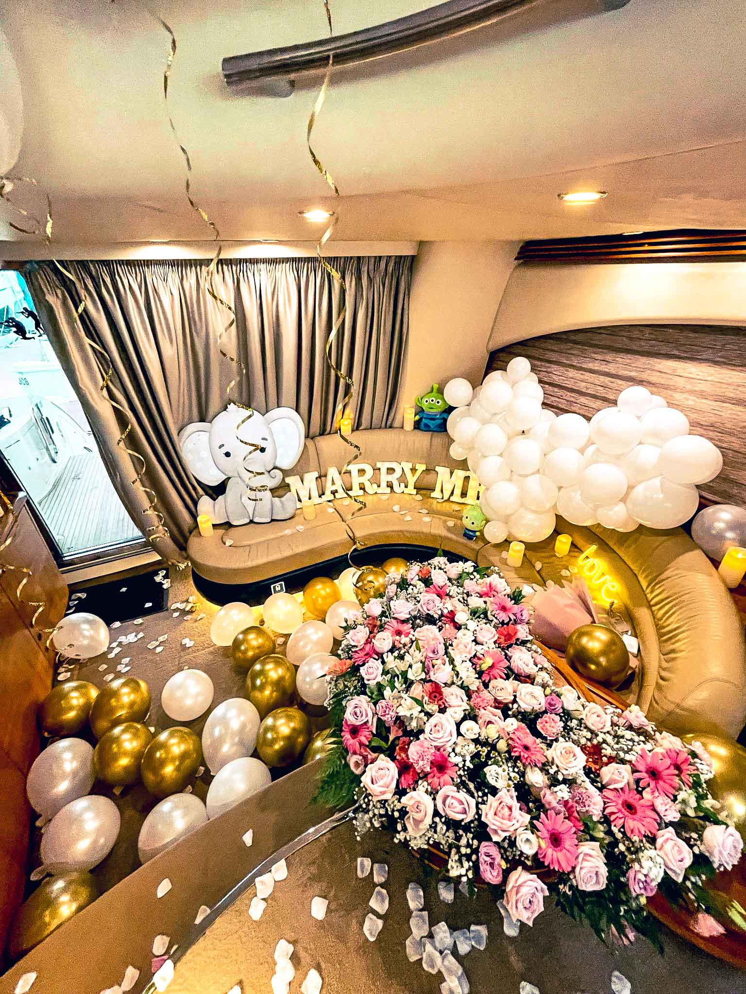Proposal setup on yacht with elegant decorations