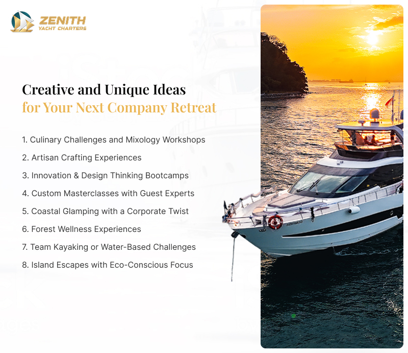 infographic showing company retreat ideas for team building.