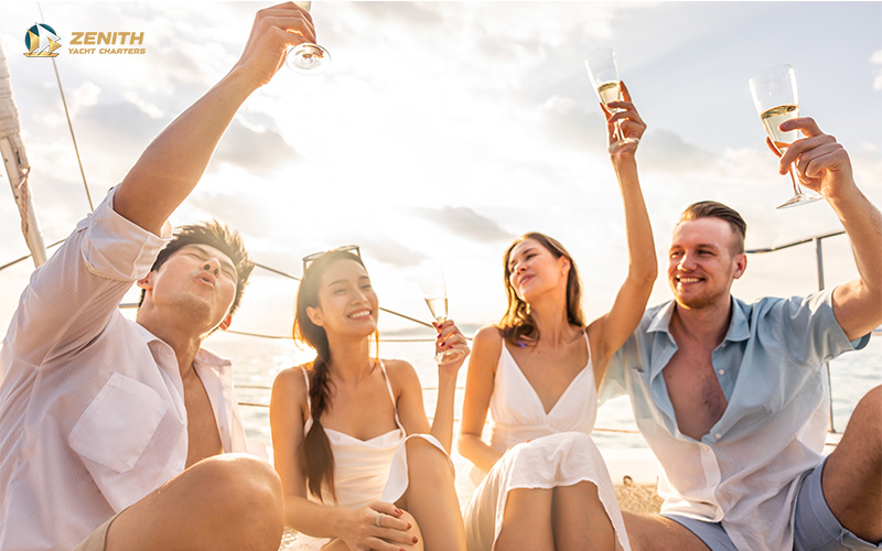 Friends on a yacht celebrating with glasses of champagne