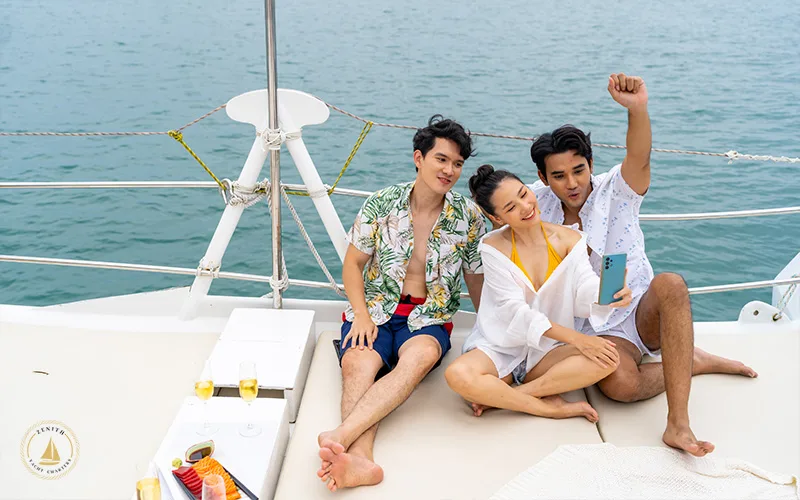A-group-of-friends-taking-a-selfie-on-a-private-yacht