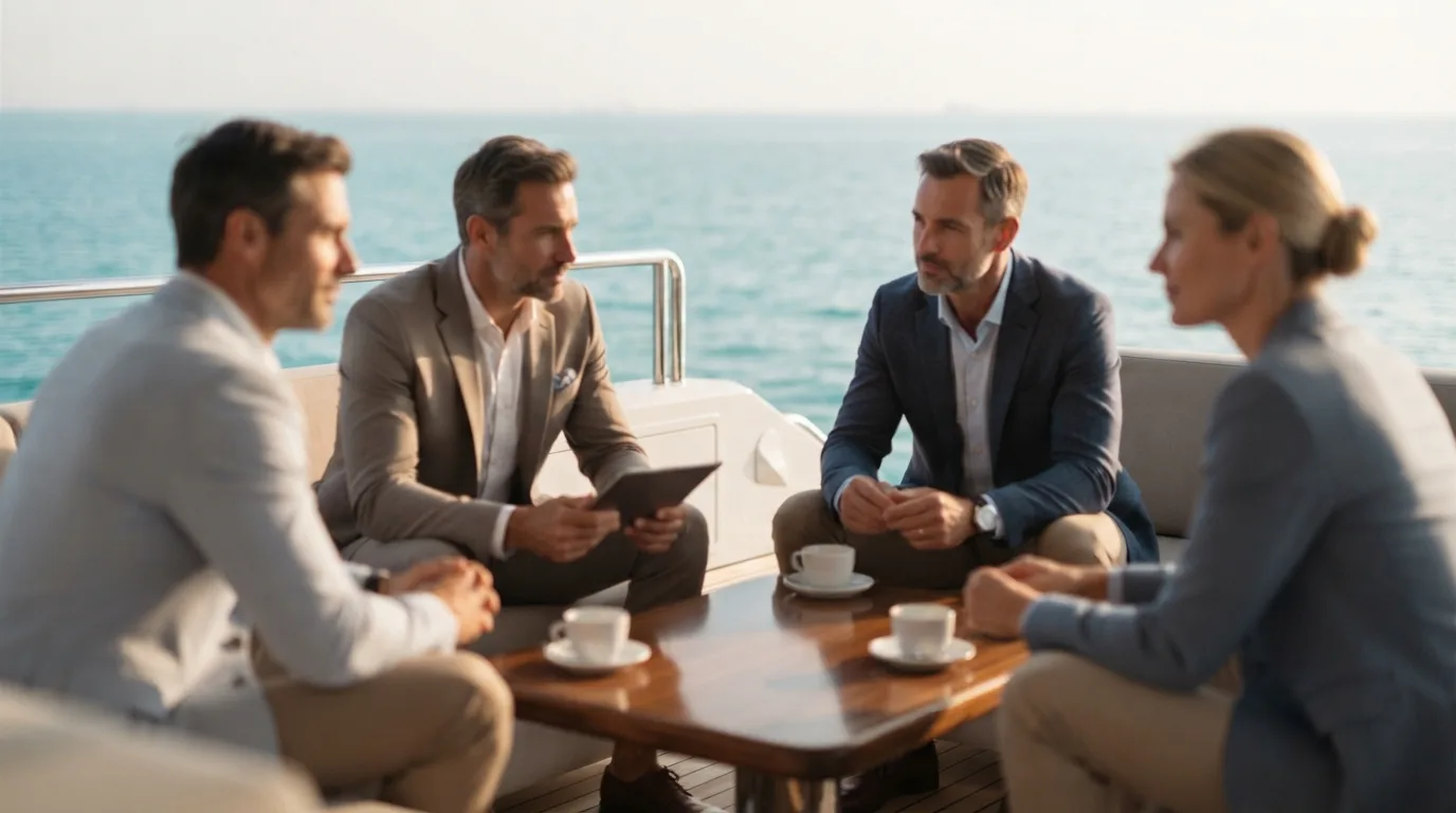 Executives in focused discussion on the aft deck of a private yacht Executives in focused discussion on the aft deck of a private yacht