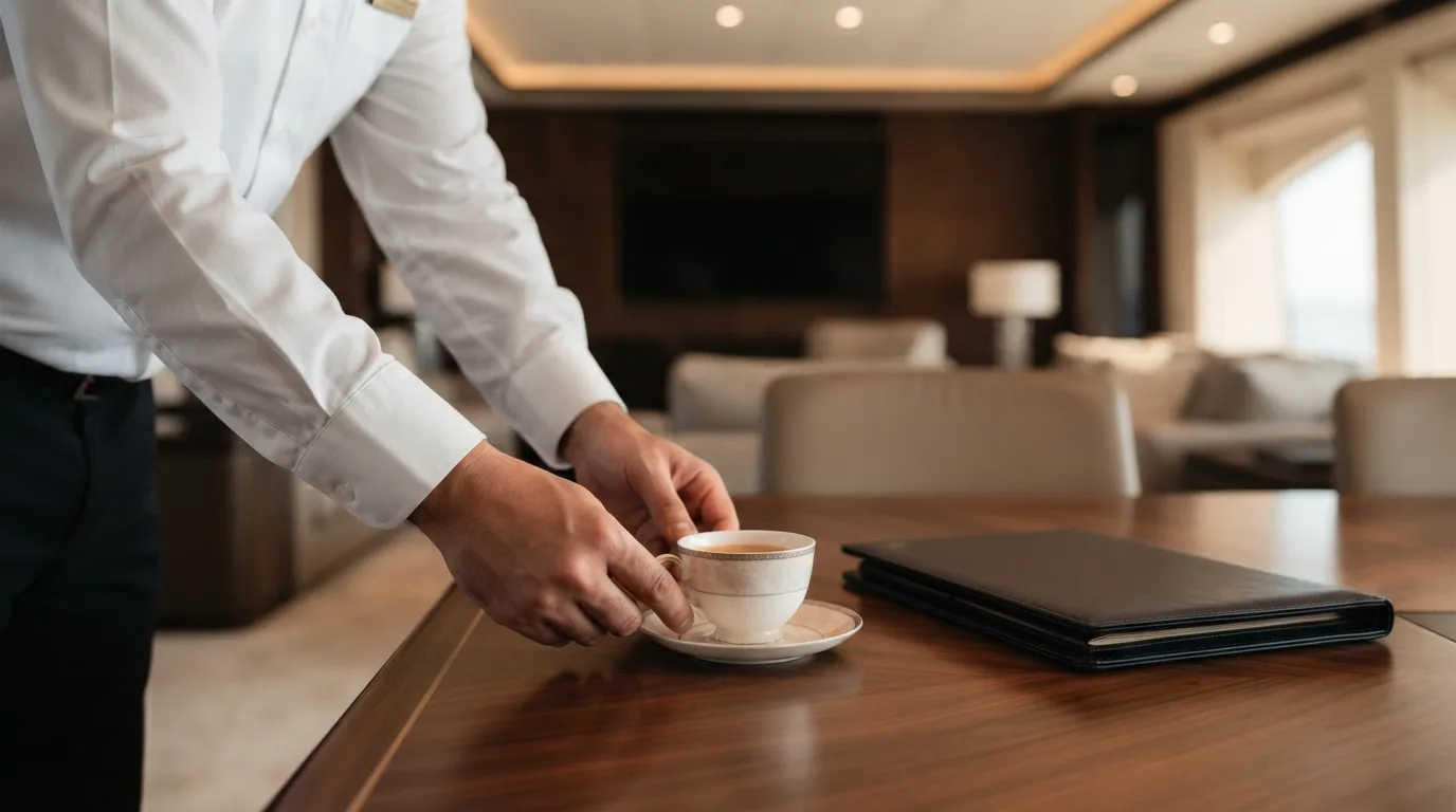 Yacht crew member discreetly serving coffee during an onboard meeting Yacht crew member discreetly serving coffee during an onboard meeting