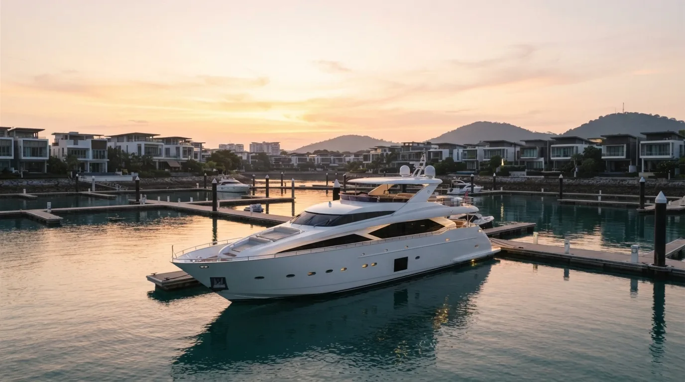 Zenith luxury yacht docked at Keppel Bay, Singapore, at sunset Zenith luxury yacht docked at Keppel Bay, Singapore, at sunset